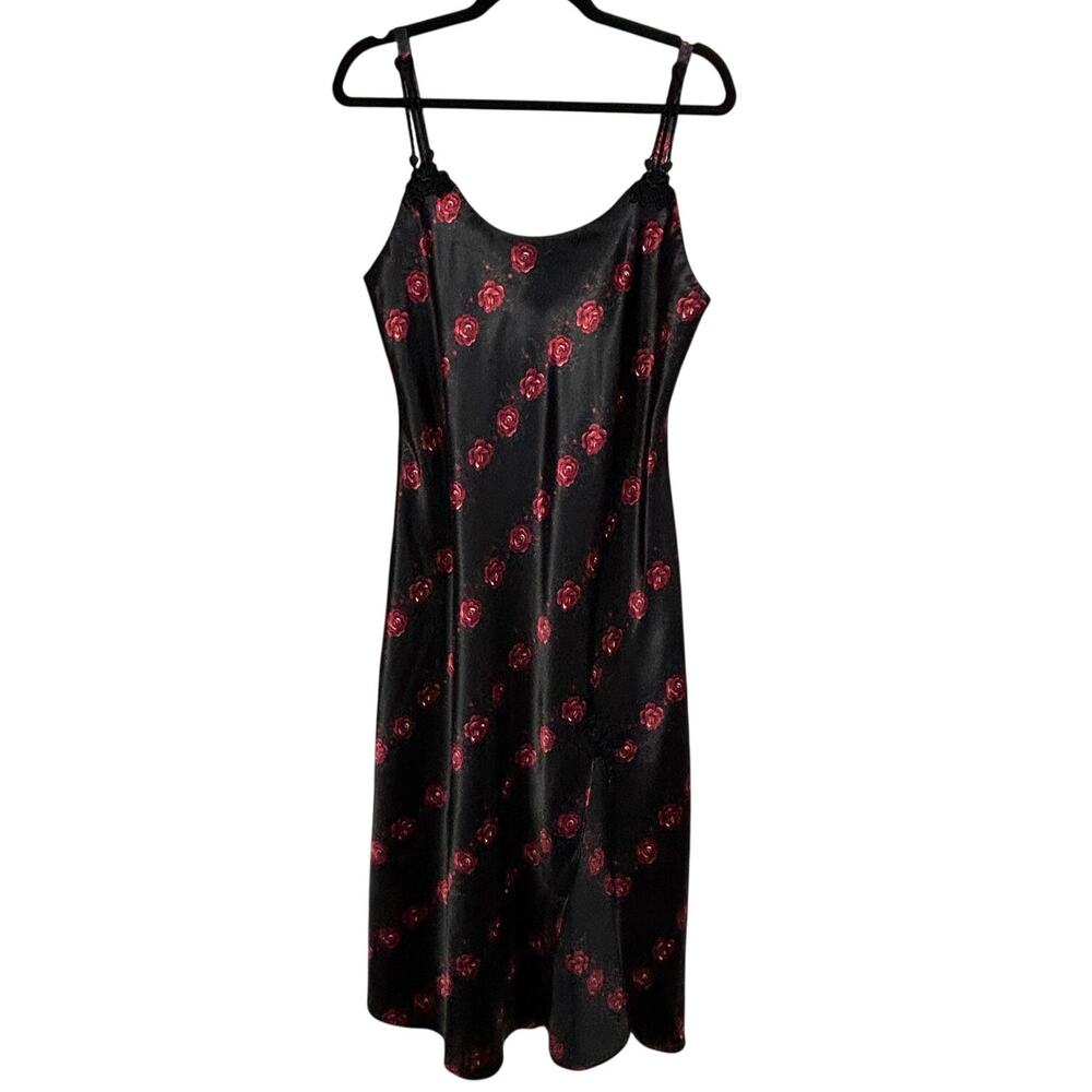 Vintage 90s Black Satin Rose Slip Dress M Grunge Goth Applique Private Luxuries